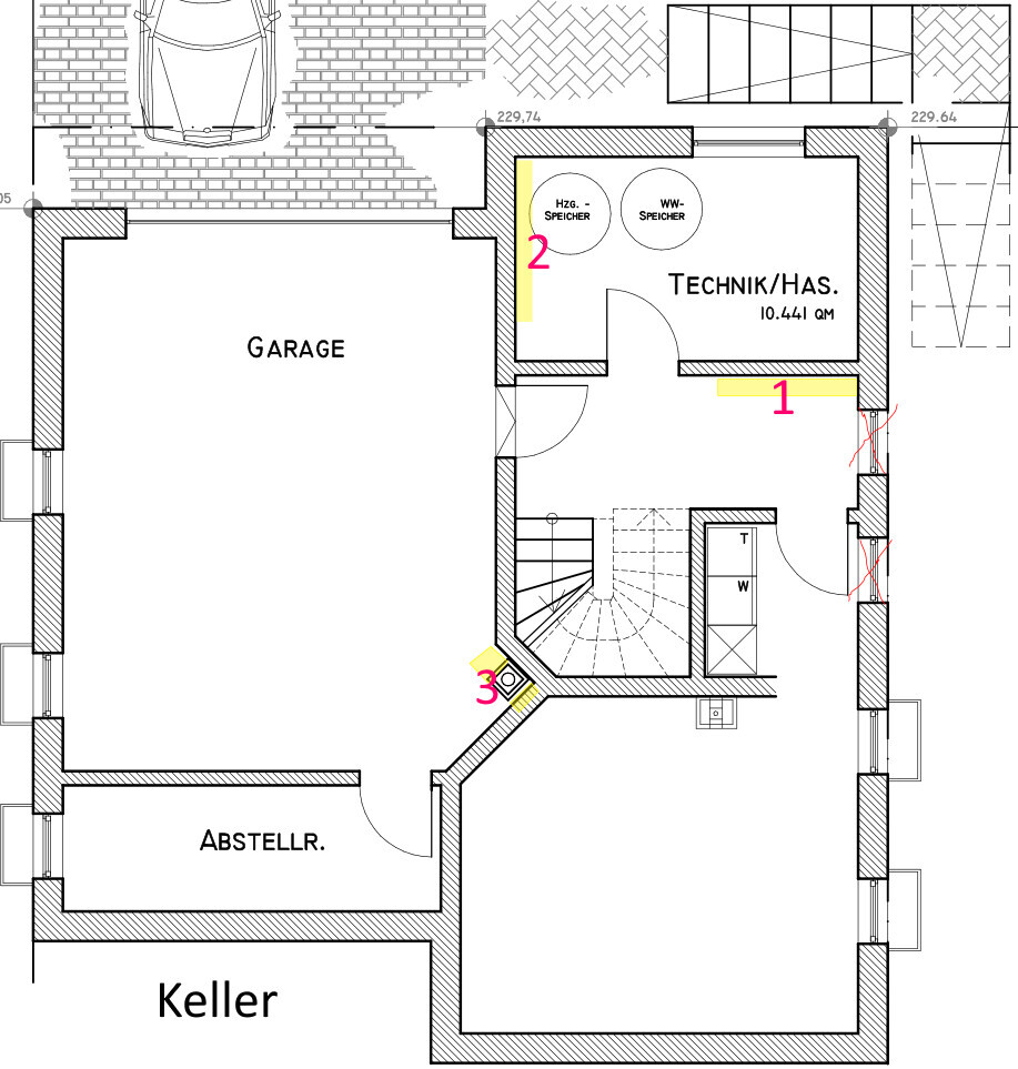 Basement floor plan: Garage, storage room, technical/house services, staircase area.