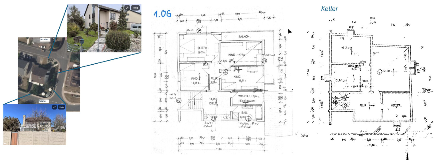 Floor plan of a house with surrounding land and external view