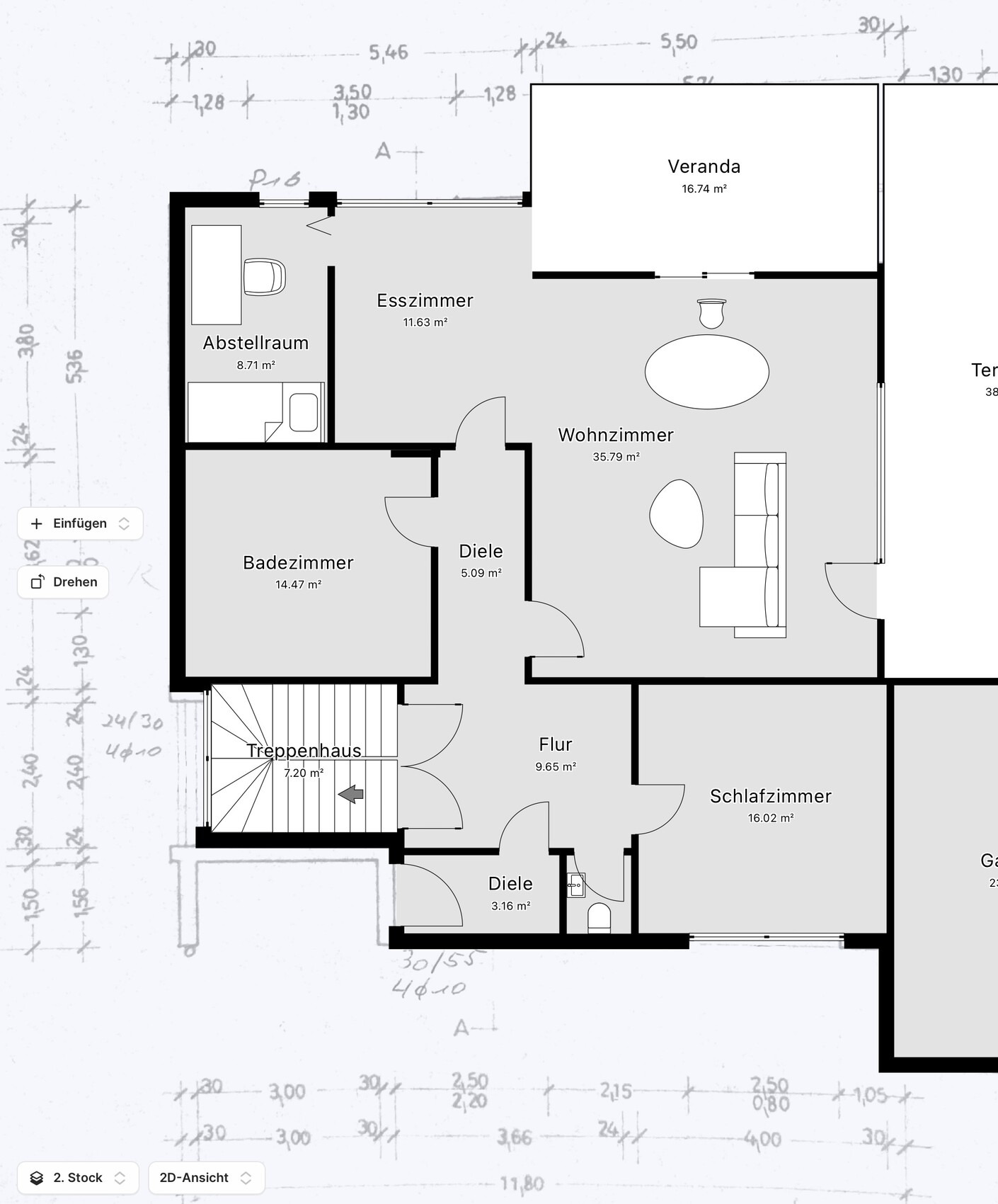 2D floor plan of a house with living room, dining room, bedroom, bathroom, hallway, and porch