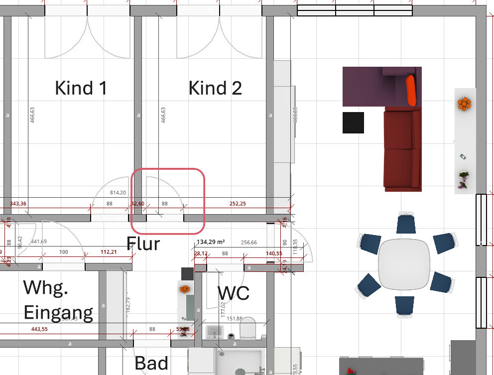 Floor plan of an apartment with hallway, two children’s rooms, living room, dining area, bathroom, and WC