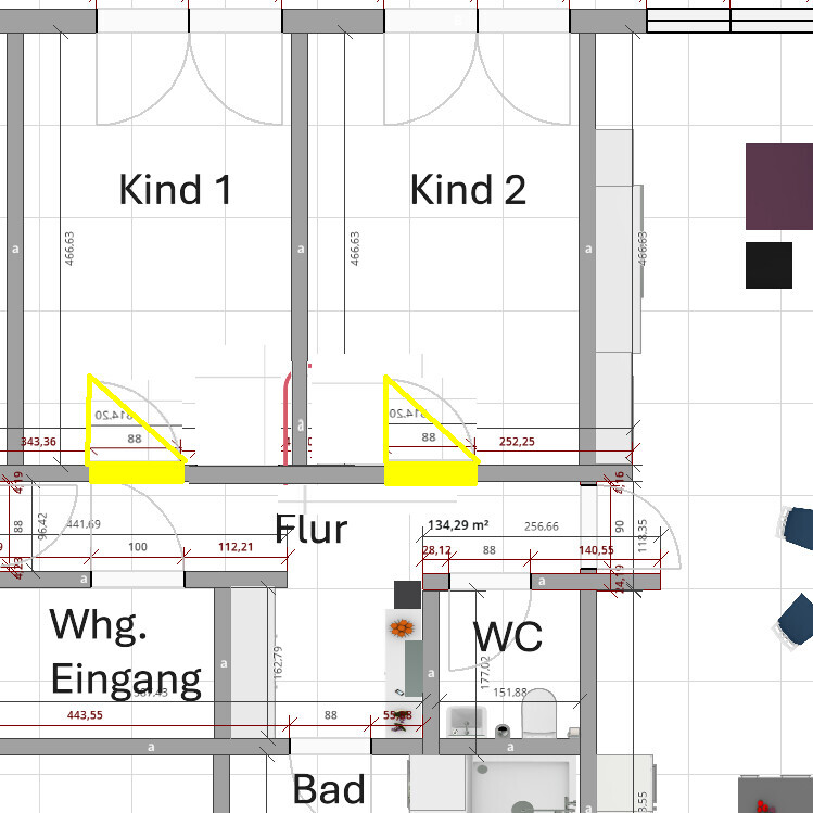 Detailed floor plan of a house with hallway, bathroom, toilet, and two children's rooms.