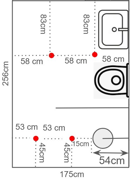 2D bathroom floor plan with sink, toilet, and fixtures; dimensions 175cm x 256cm (69 inches x 101 inches).