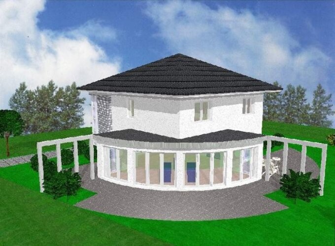 Modern two-story house with semicircular glass veranda and surrounding terrace in the garden