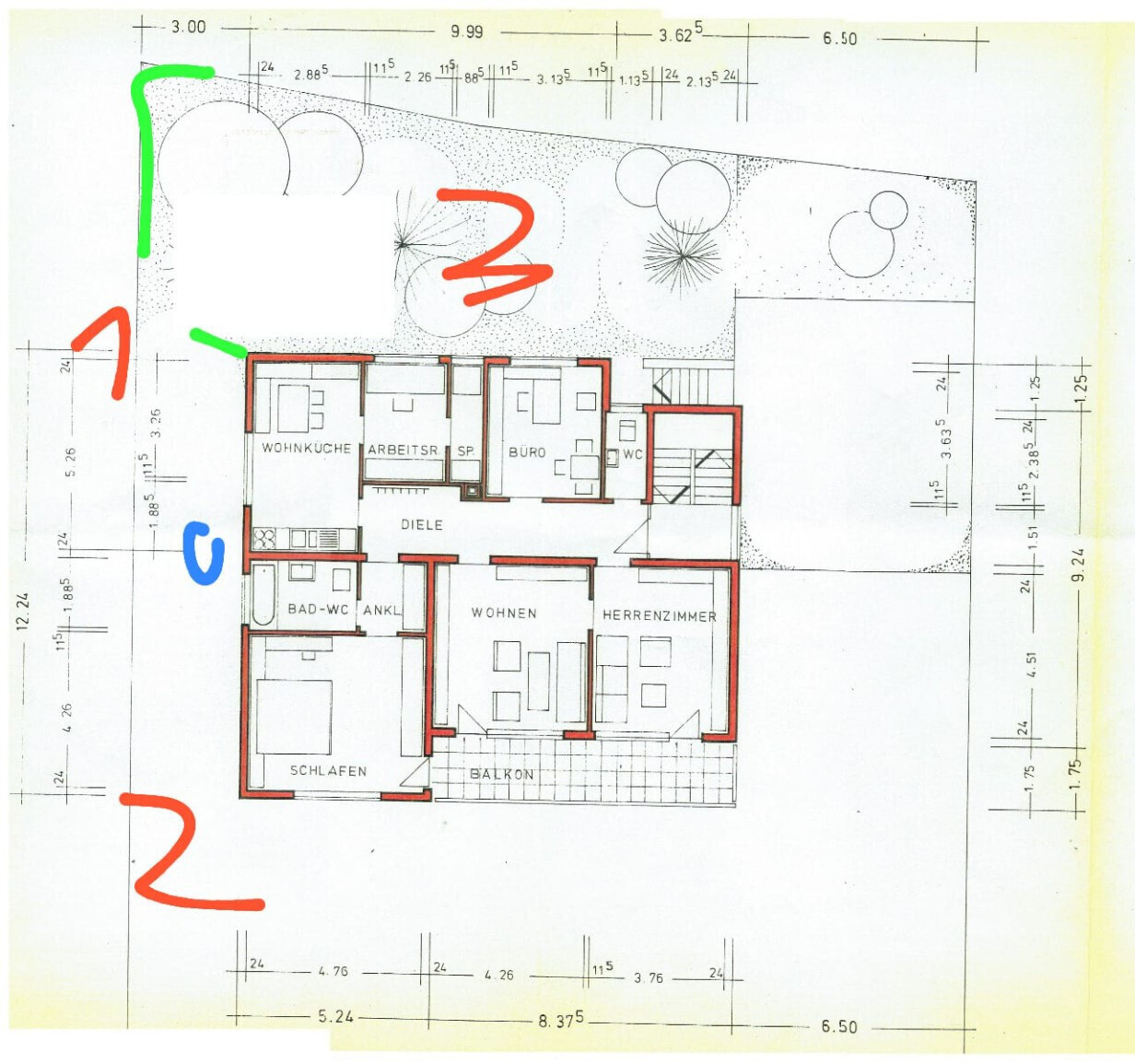2D house floor plan with living room, bedroom, kitchen and balcony, color-coded areas.