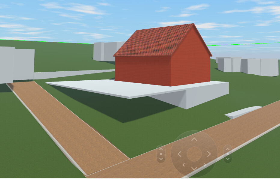 3D model of a red house on an elevated foundation in a green environment