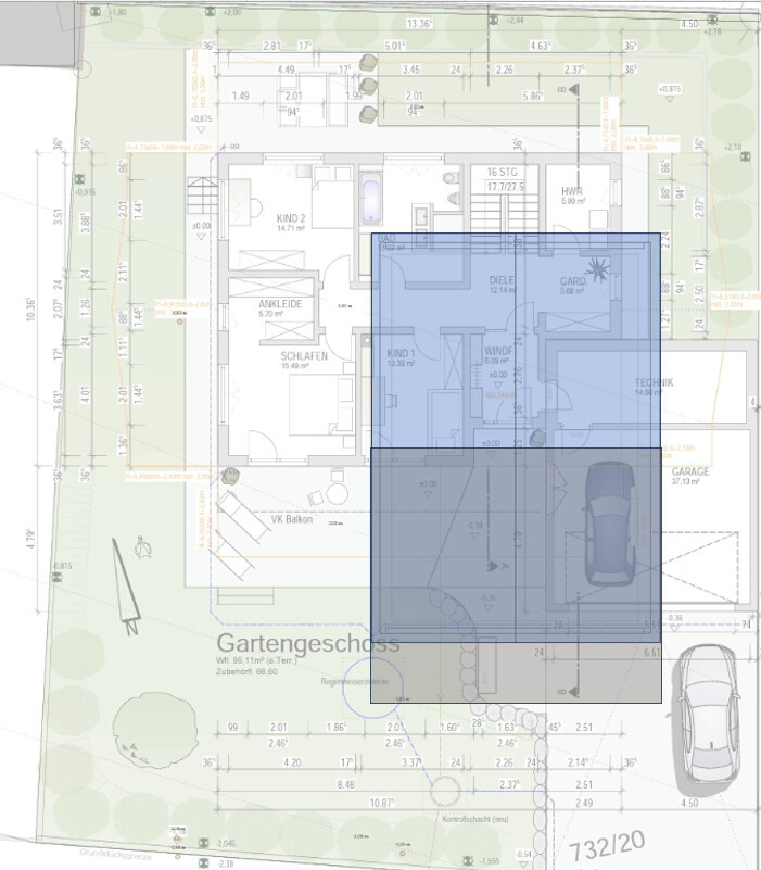 Floor plan of a house with garden, terrace, and garage, blue-marked interior area.