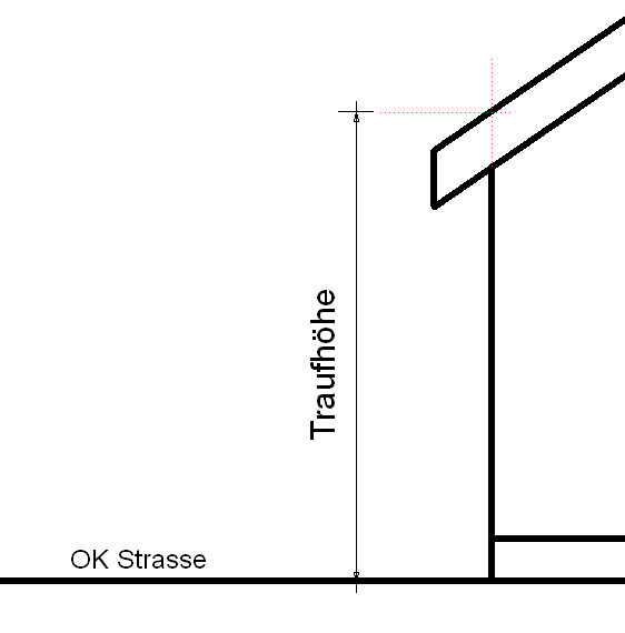 2D floor plan drawing with eaves height and street elevation, building wall and roof overhang