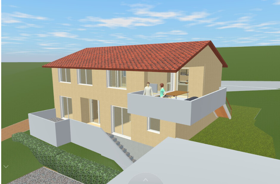 3D rendering of a two-story house with terrace and balcony