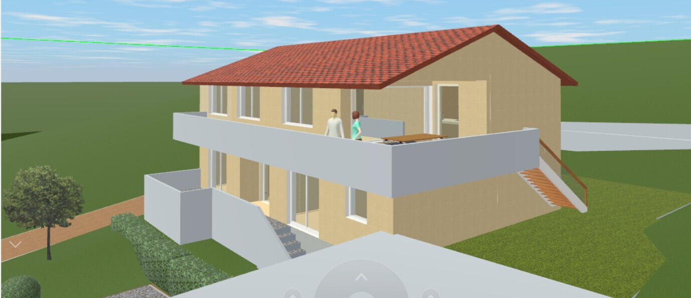 3D rendering of a two-story house with balcony and exterior stairs