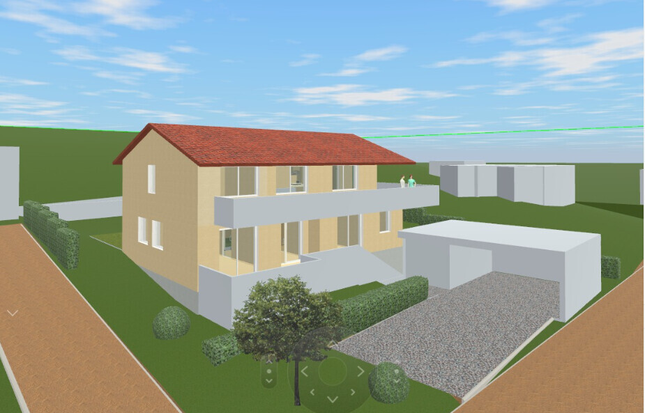 3D model of a two-story house with red roof, balcony, driveway, and garden