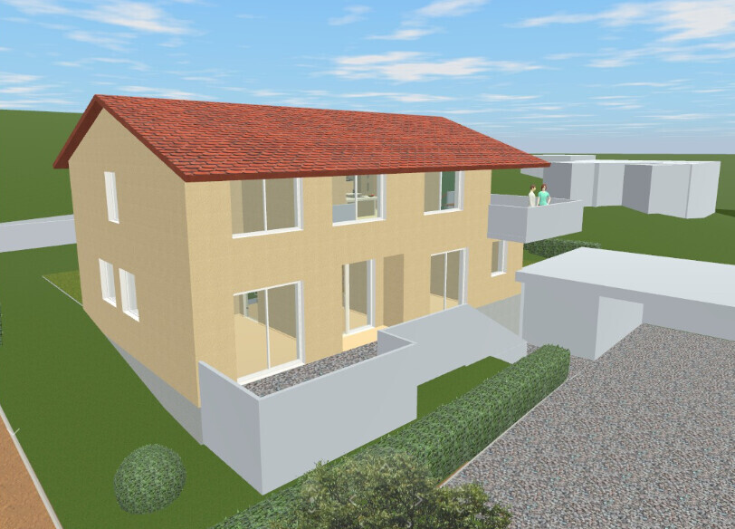 Exterior view of a two-story house with red tile roof, beige facade, and terrace