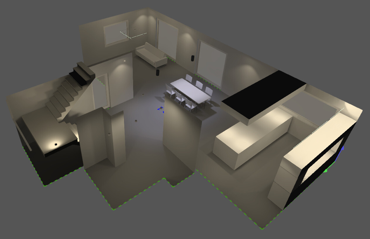 Open 3D living area with dining table, stairs, and seating area