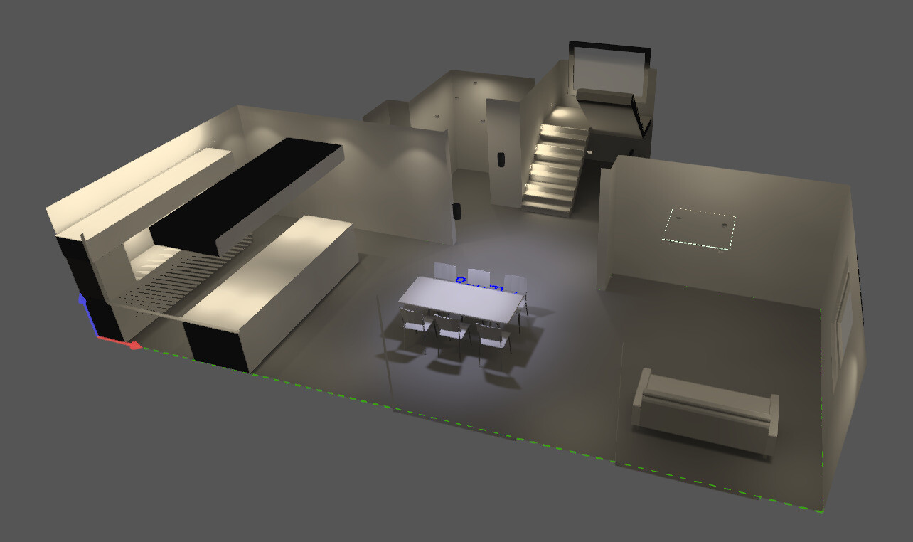 3D render of an open interior with dining area, kitchen, and stairs