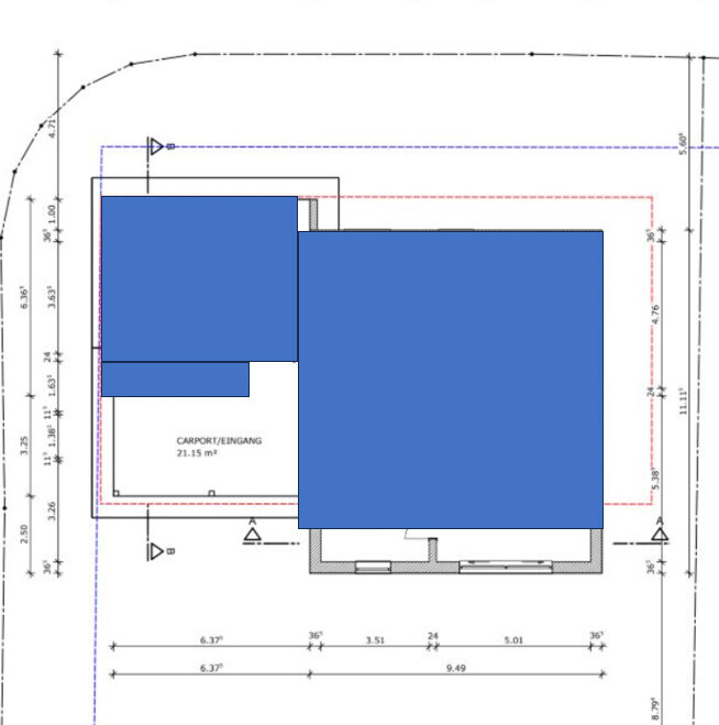 2D floor plan with blue building volumes on a site plan