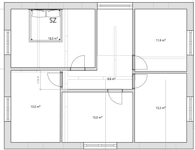2D floor plan of a residential house with bedrooms, corridors, and living room