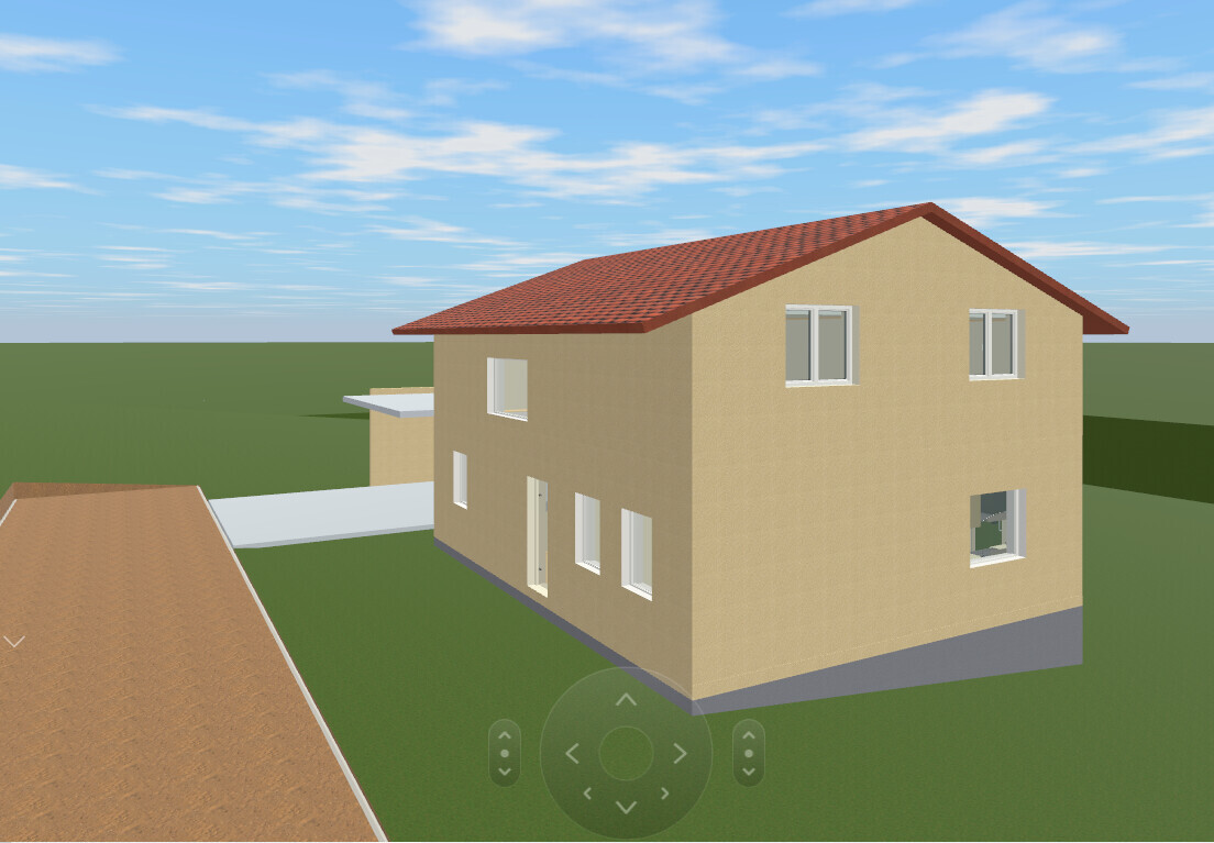 3D model of a two-story house with a red roof, beige walls, and windows.