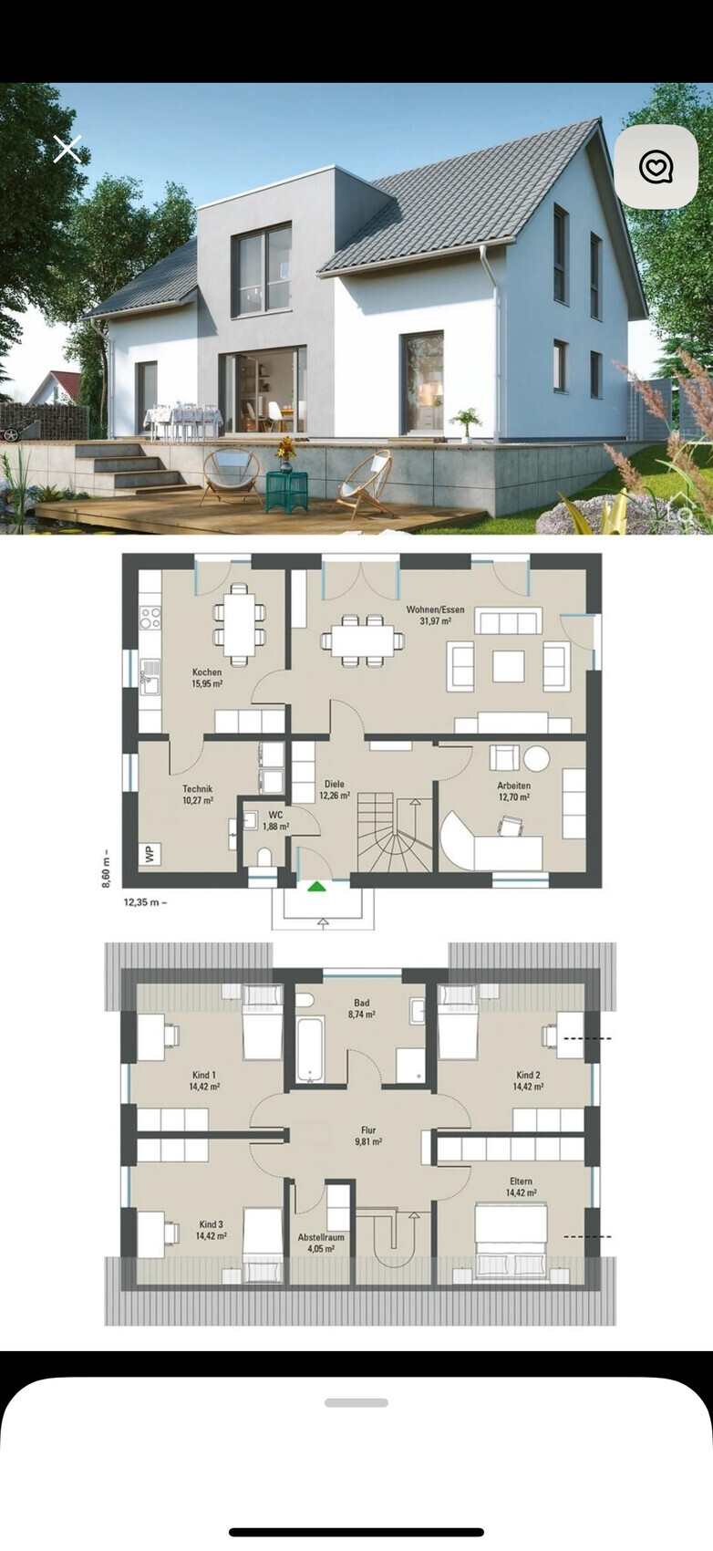 Modern white house view with terrace and floor plan of the house below.