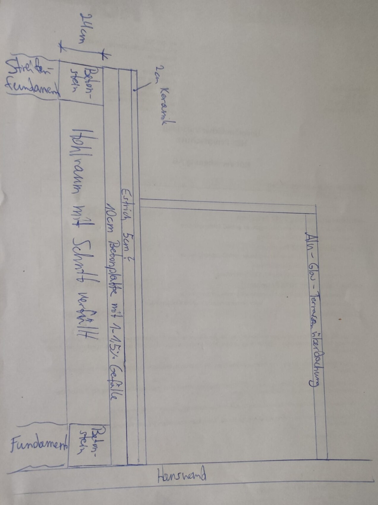 Handgezeichnete Grundrissskizze mit Fundament und Rohbau-Strukturen