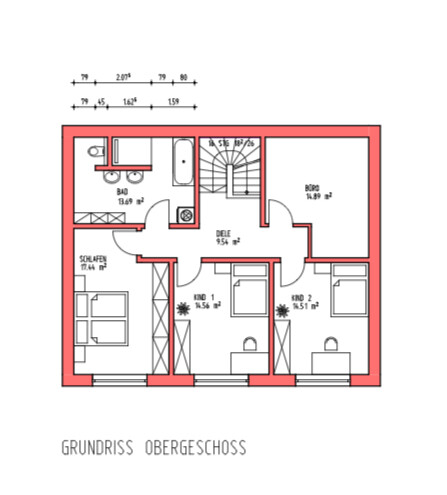 Upper floor plan with bedrooms, children’s rooms, bathroom, and hallway