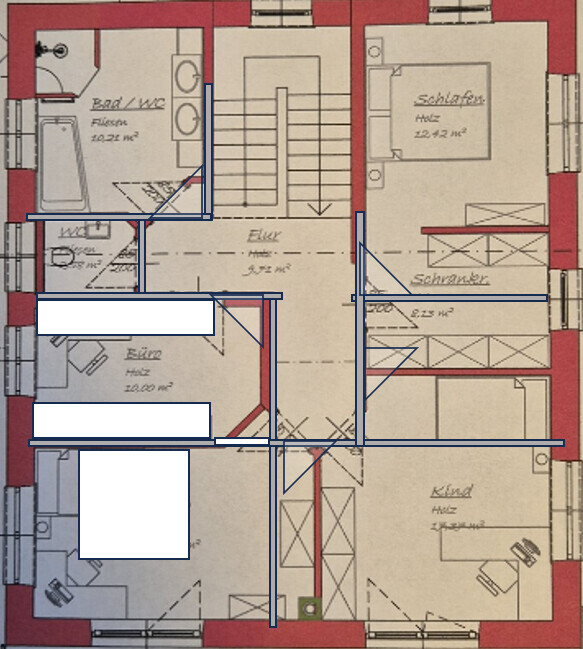 2D floor plan of a house with hallway, staircase, bathroom, bedroom, children's room, and kitchen