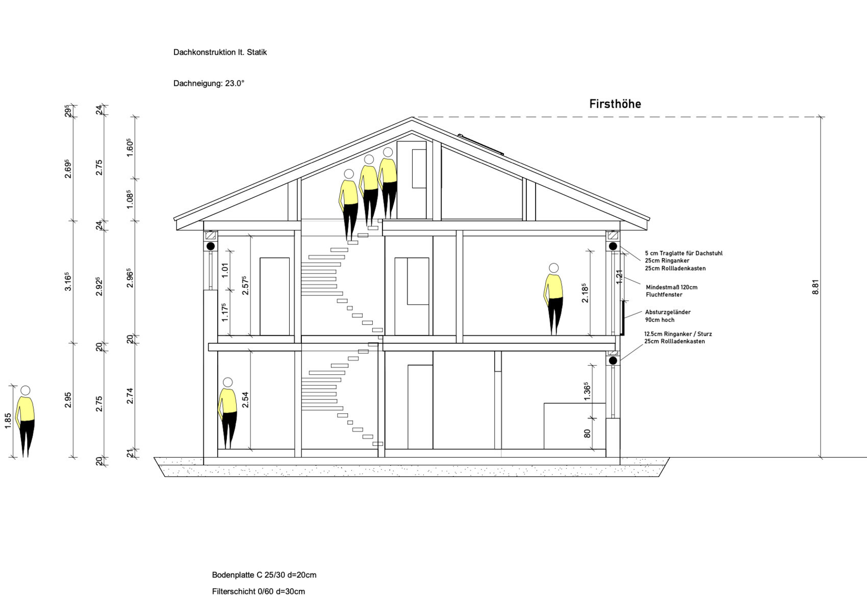 Section drawing of a house with roof construction, stairs and dimension lines