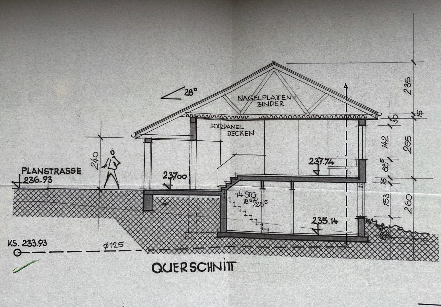 Architectural cross-section of a house with roof, foundation, and basement.