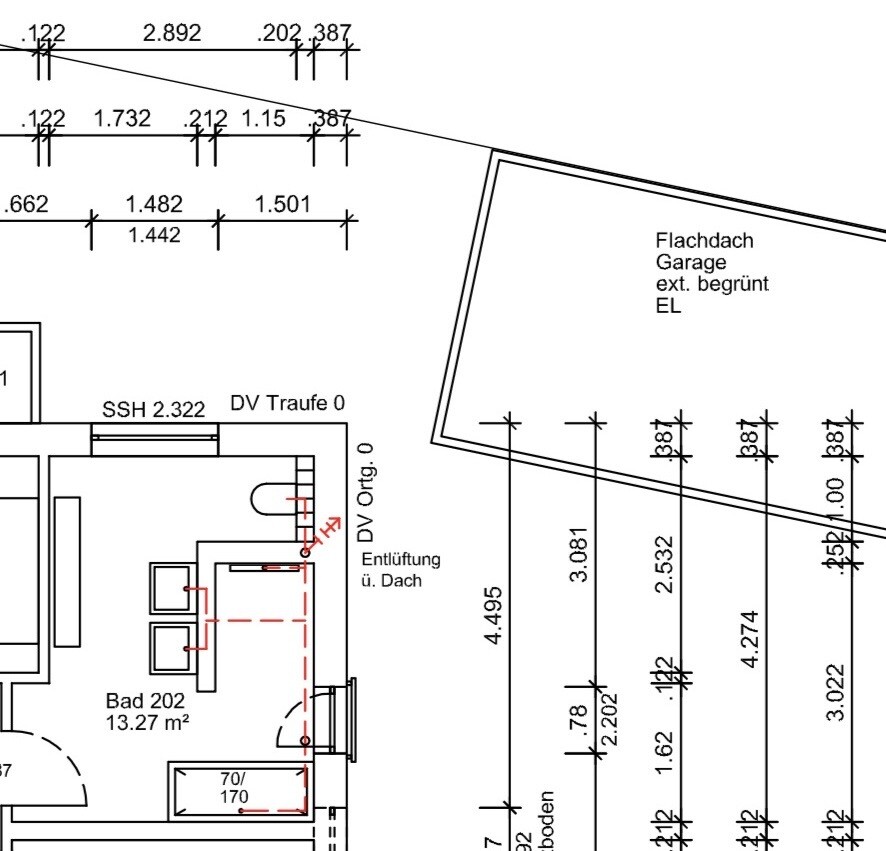 2D-Grundrissplan eines Hauses mit Bad, Flachdach-Garage und Maßlinien