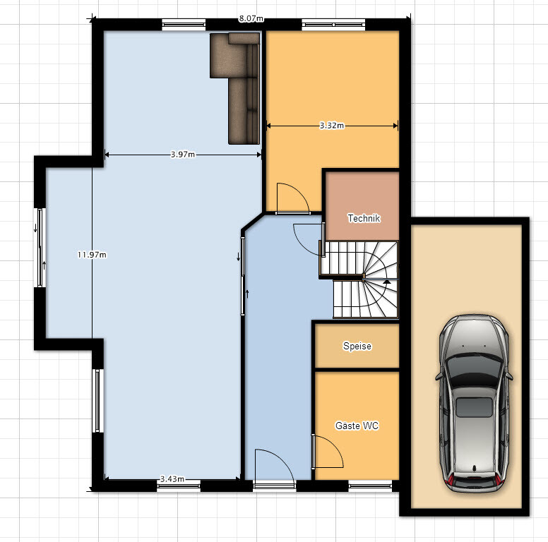 House floor plan: garage on the right, utility, pantry and guest WC, stairwell, living area.