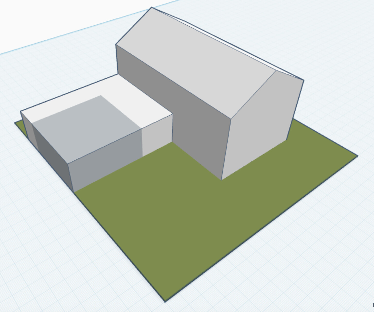 3D house model with two building sections on green area and gray walls