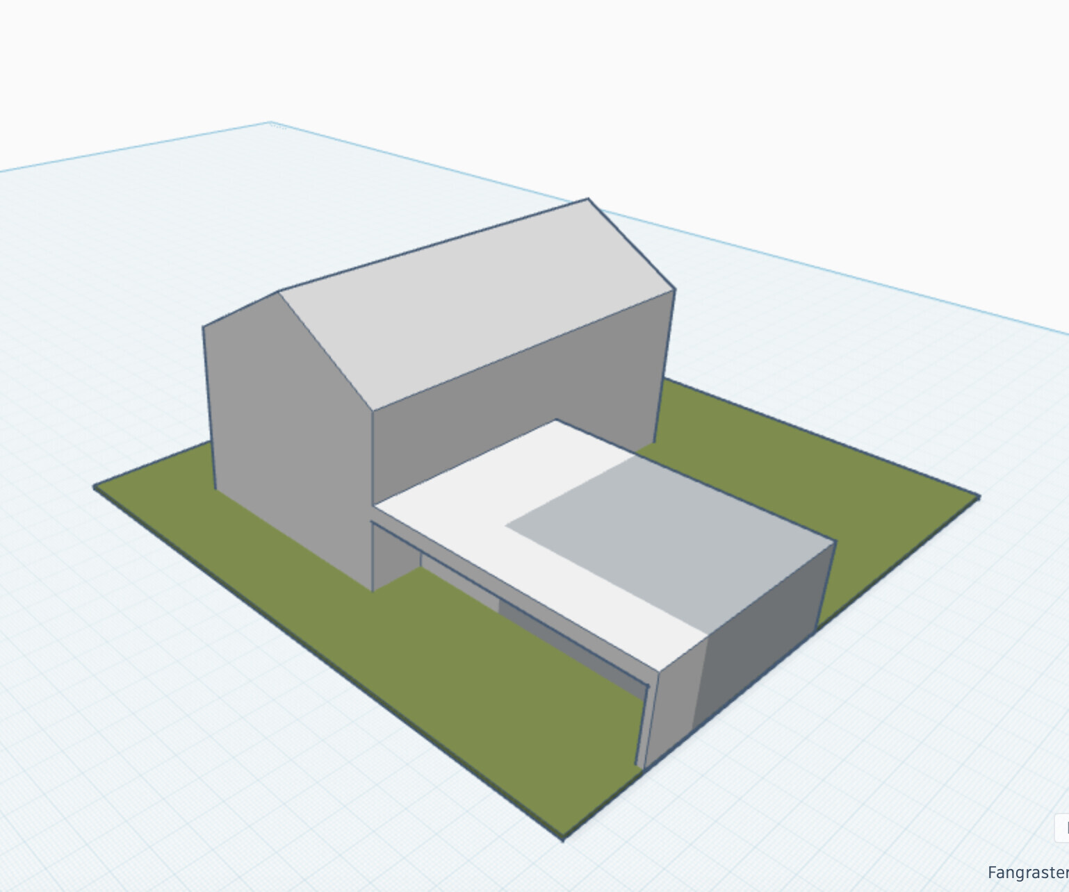 3D house model on green plot, simple cubic design, bird's eye view