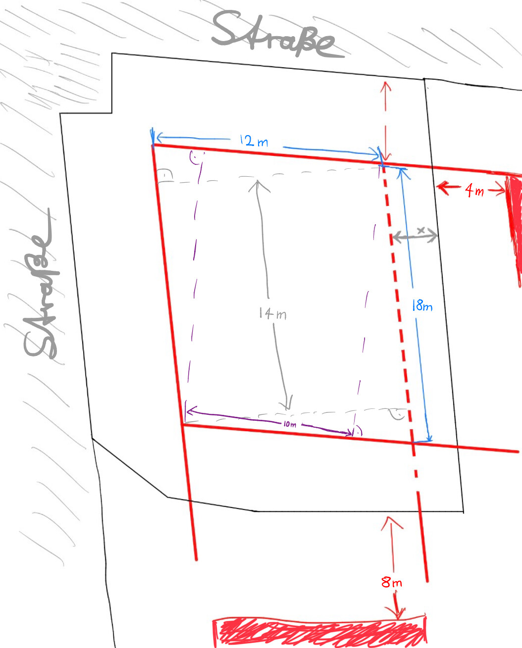 Sketchy floor plan of a building plot with street names, building boundaries and interior dimensions.