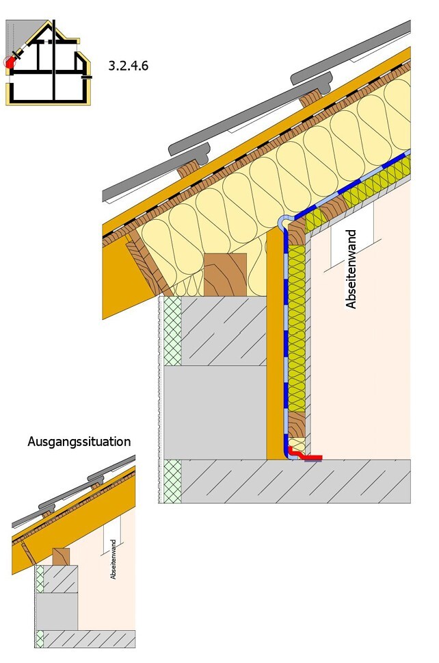 Cross-section drawing of a roof structure with insulation, rafters, and exterior wall