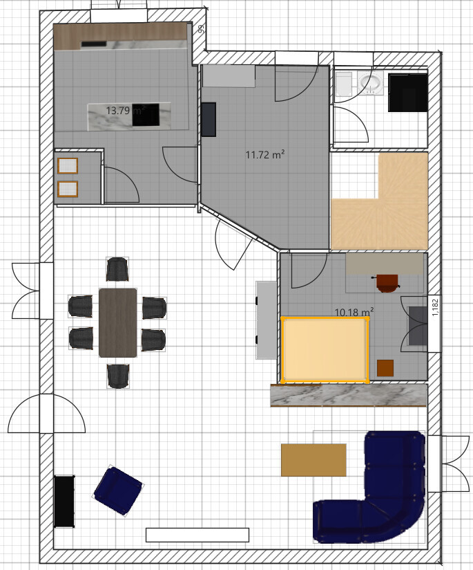 Floor plan of a residential house with living room, dining area, kitchen, bedroom, and bathroom