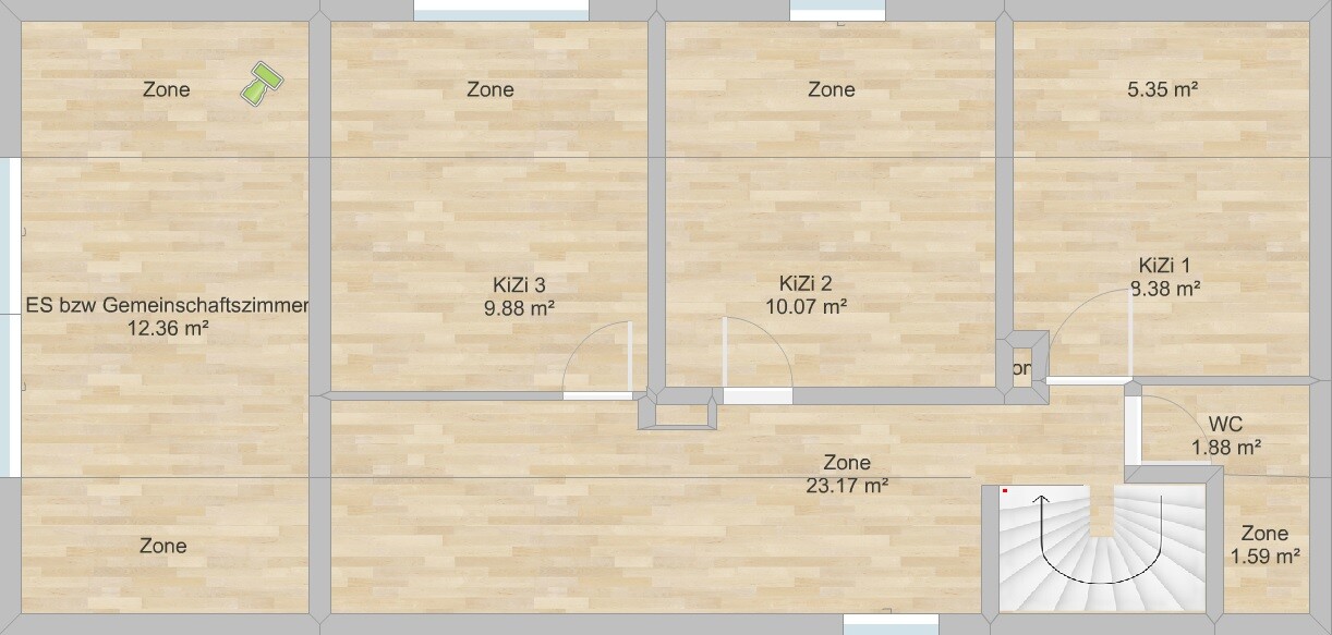 2D floor plan of a house with zones and rooms