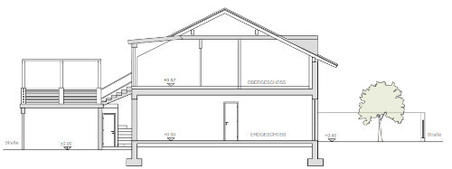 Cross-section of a two-story residential building with foundation, stairs, balcony, and terrace.