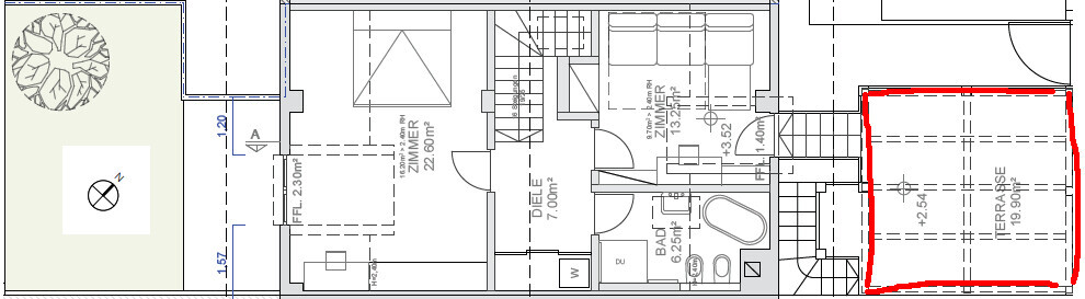 Floor plan of a house with terrace and red outline along the edge