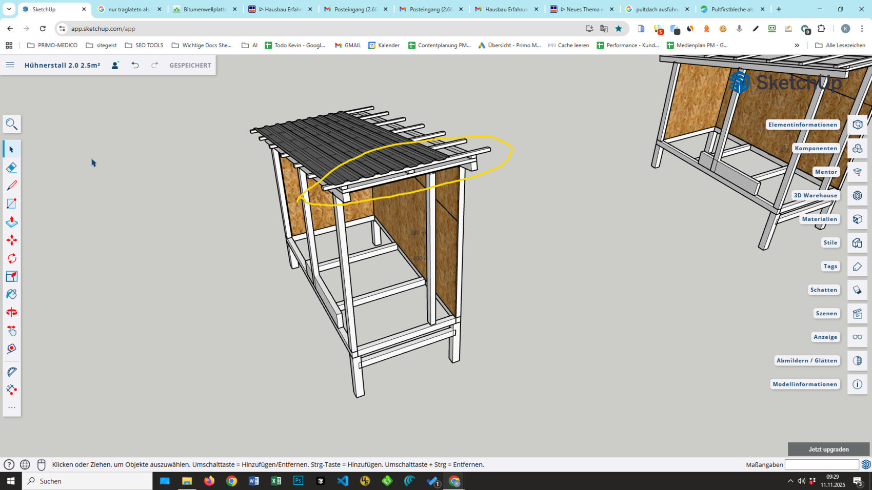 3D chicken coop made of wood frame with roof in SketchUp