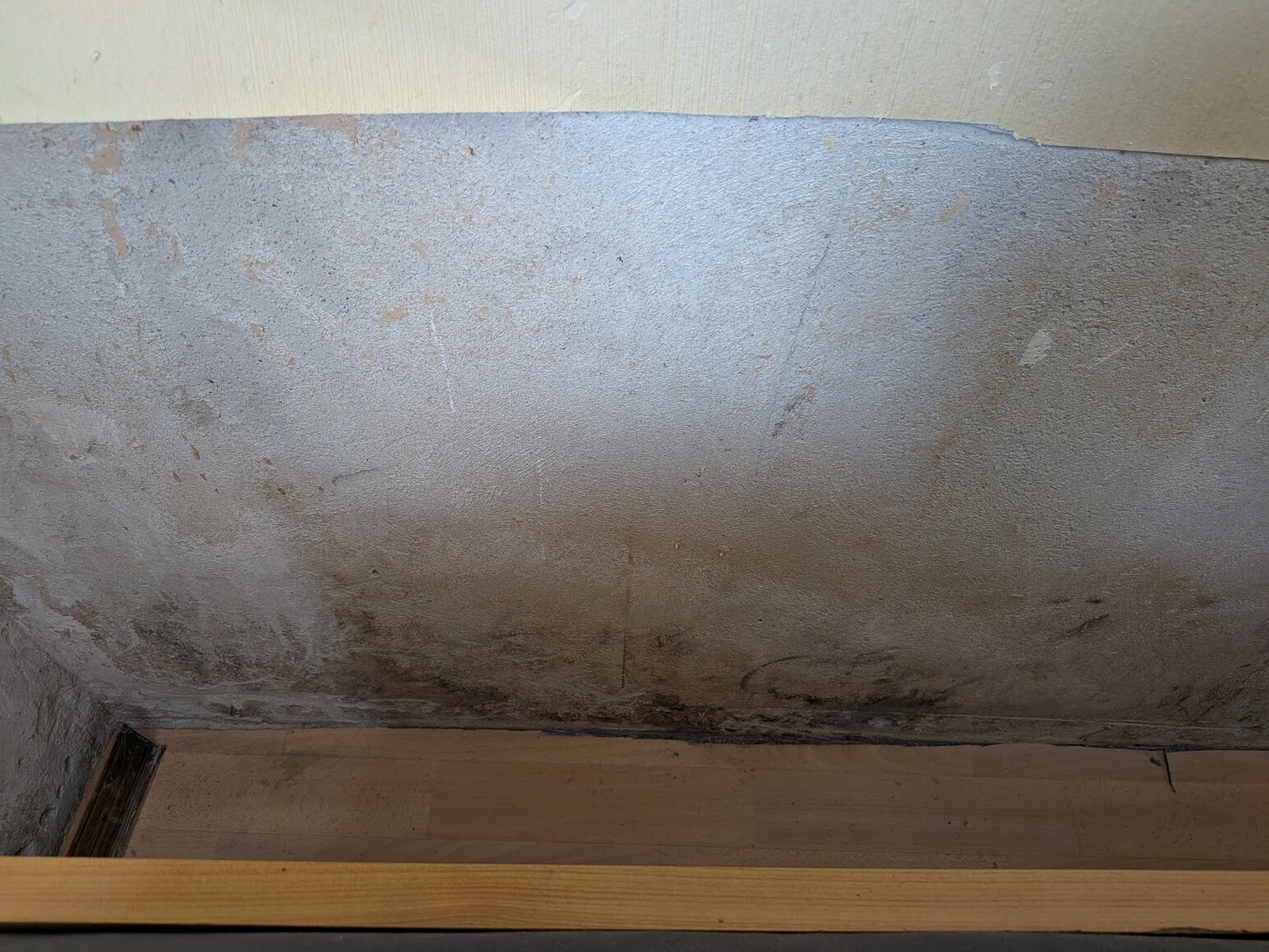 Basement wall with moisture damage and dark spots in the lower area.