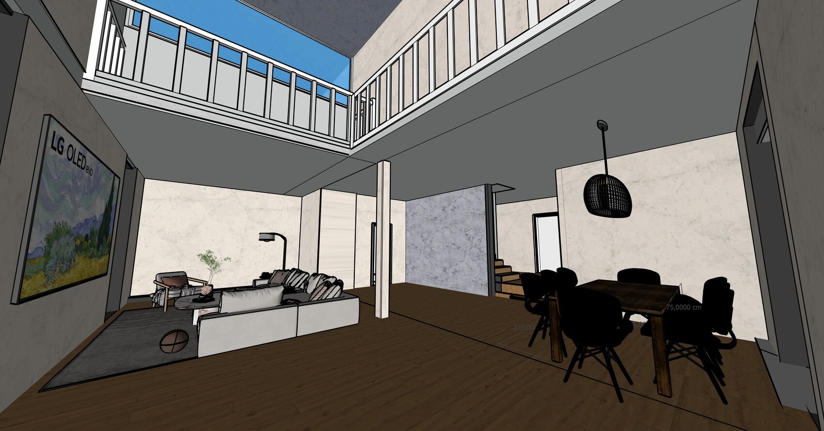 Open 3D living room with sofa, dining table, pendant lamp and stairs inside