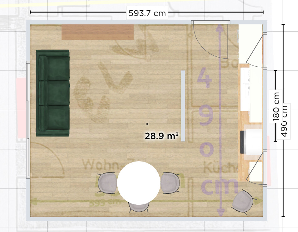 2D floor plan of a living and kitchen area with dining table, sofa, and kitchen units.