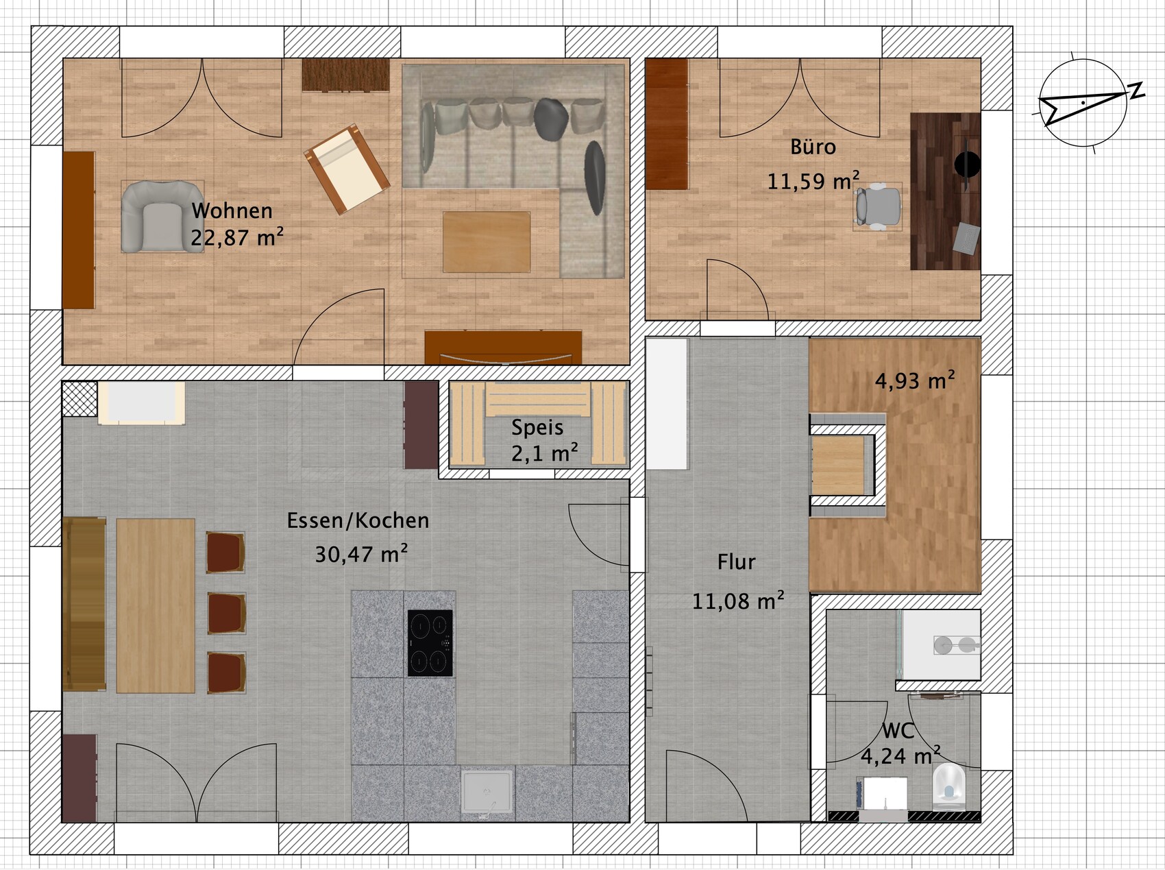 Detaillierter Grundriss einer Wohnung mit Wohnbereich, Küche und Essbereich.