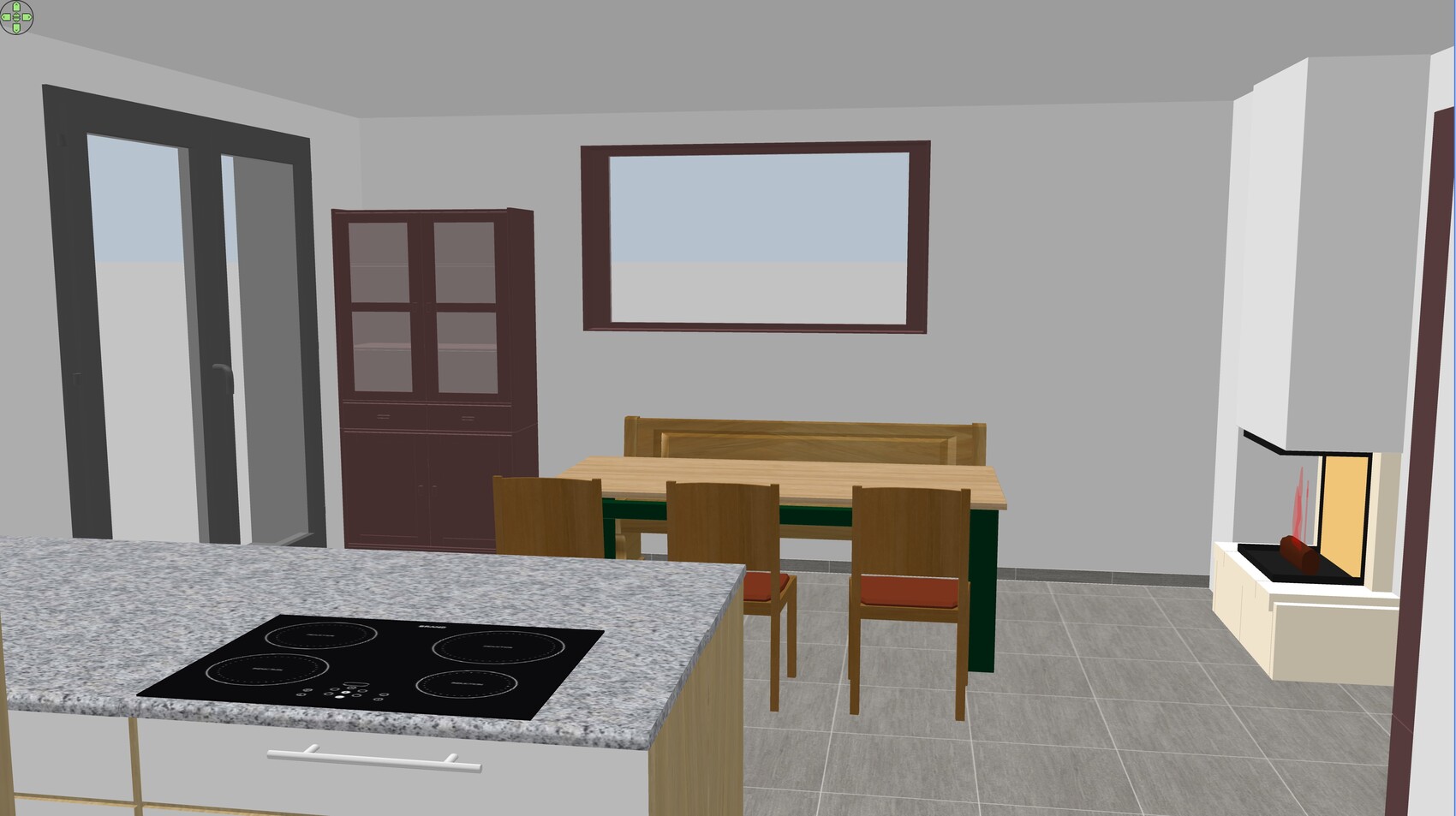 3D-Rendering einer Küchen- und Essecke mit Kochinsel, Esstisch, Stühlen und Kamin