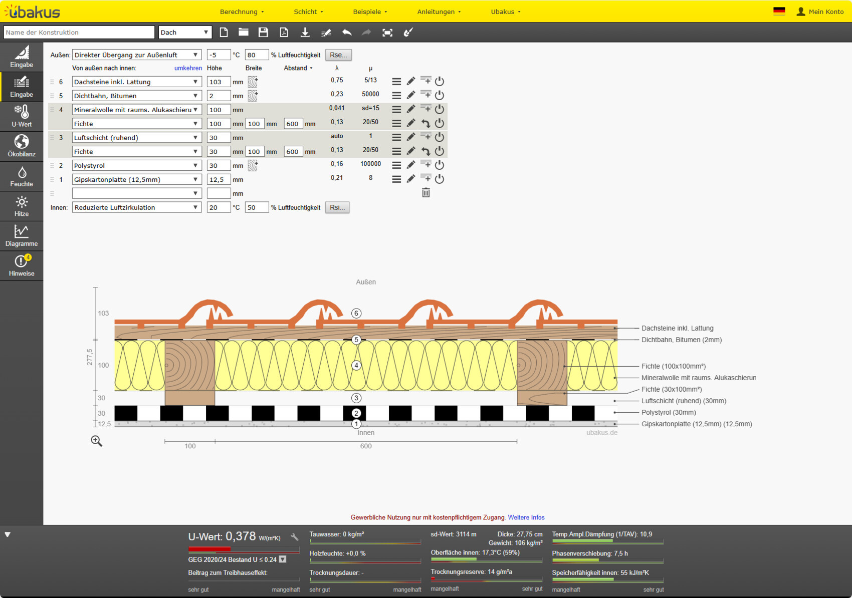 Cross-section of a roof construction with insulation, roof tiles, and building envelope for energy analysis