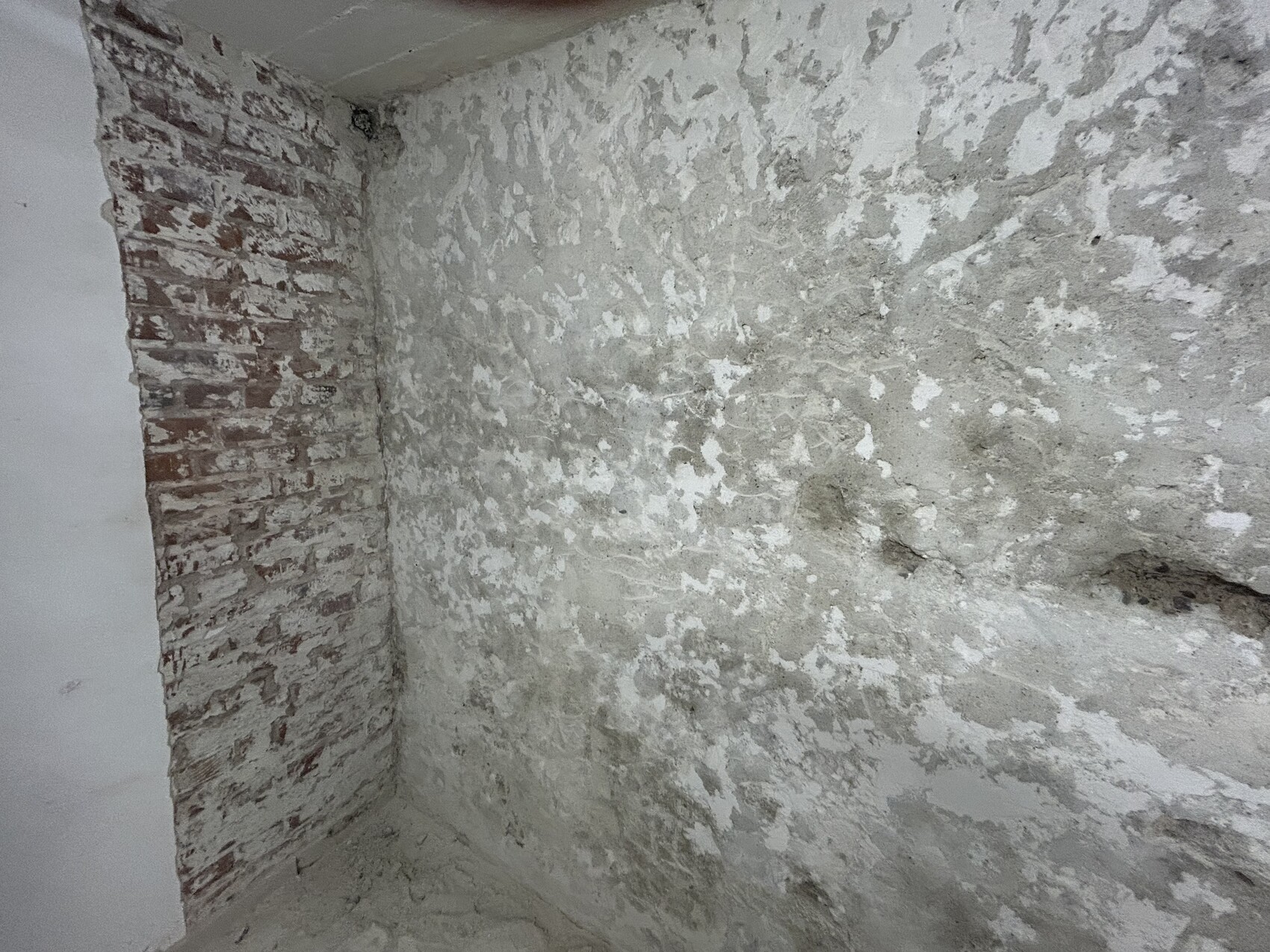 Basement room with raw stone wall and crumbly plaster
