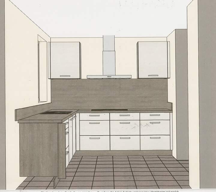 Kitchen: L-shaped kitchen with upper and lower cabinets, stove, extractor hood, tiled floor.