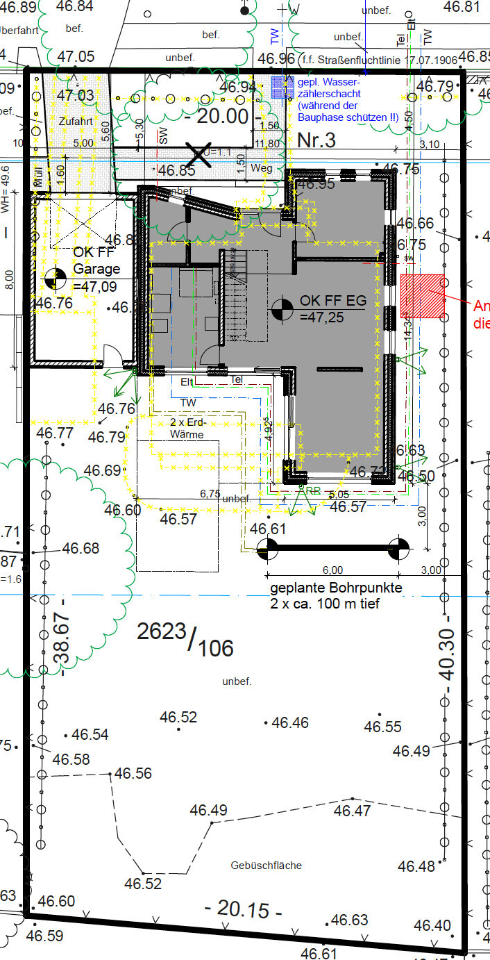 2D floor plan of a house with shell construction and foundations, building plan
