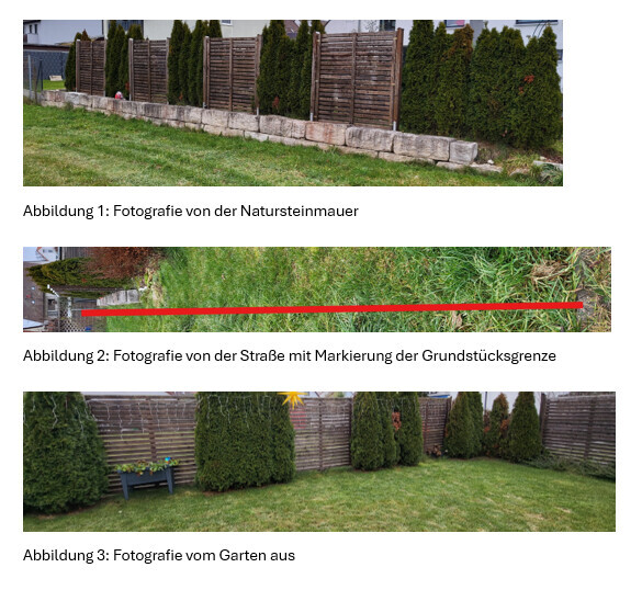 Garden area with natural stone wall, wooden privacy fence and green lawn