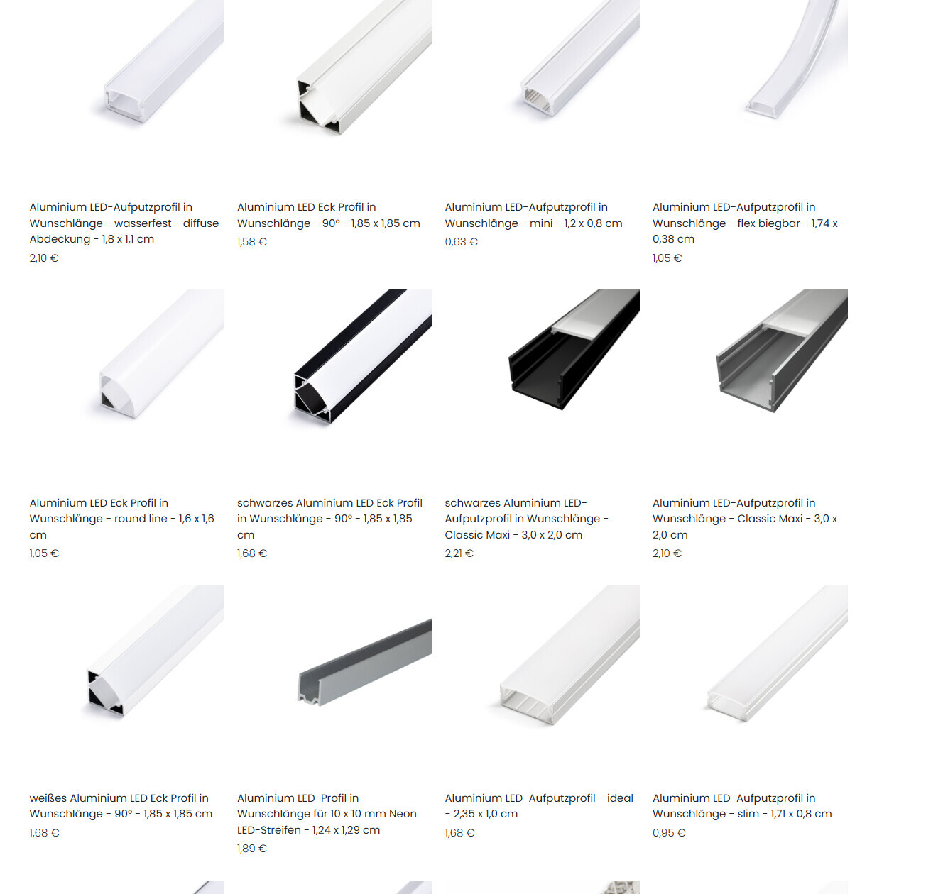 Mehrere Aluminium LED Profil Leisten in Weiß, Schwarz und Silber als Produktbild