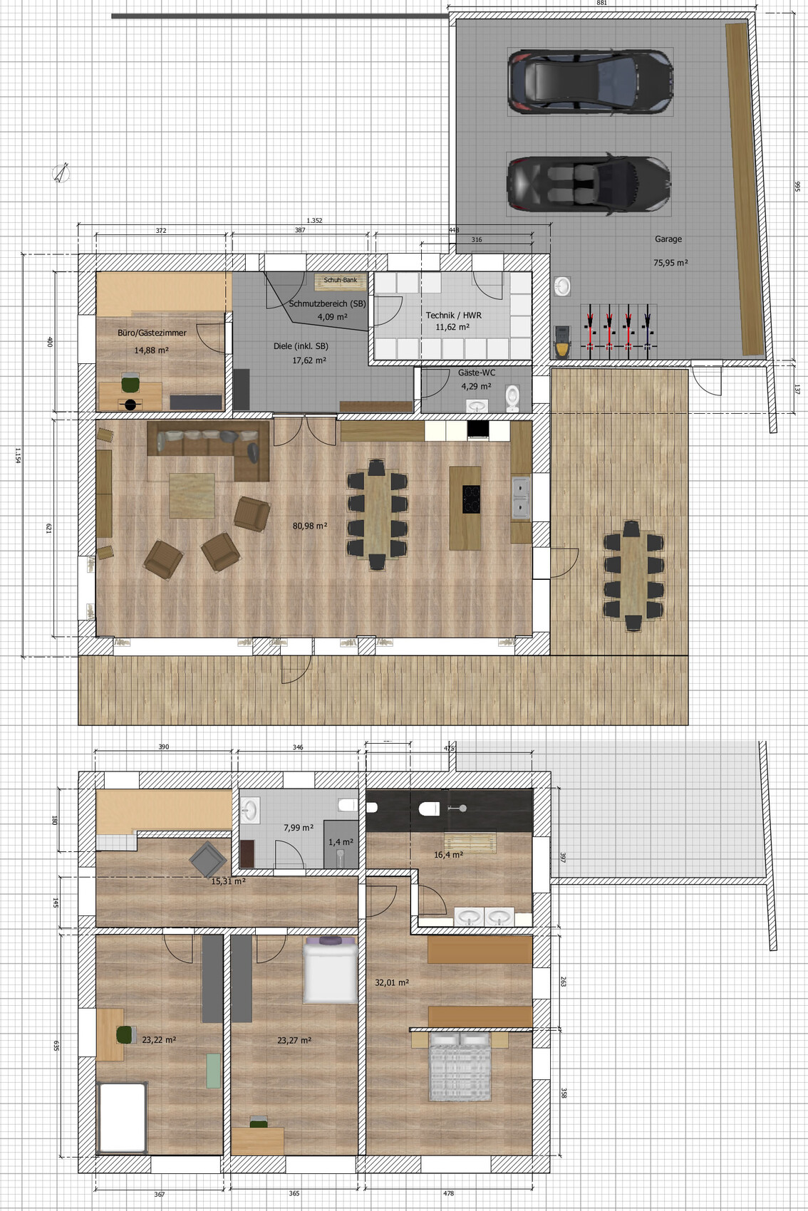 Two-story house floor plan with garage, living and dining area, kitchen, and bedrooms.
