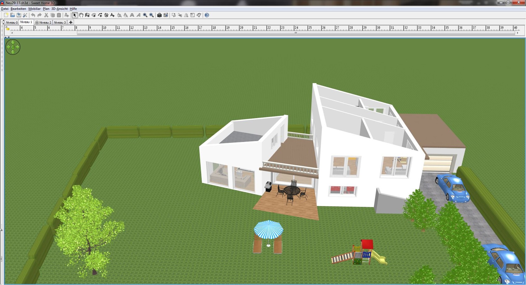Moderne 3D-Haus-Aussenansicht mit Terrasse, Garten und Einfahrt